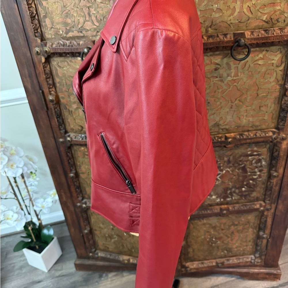 French Connection Red Leatherette Motorcycle Jacket L - Picture 2 of 8